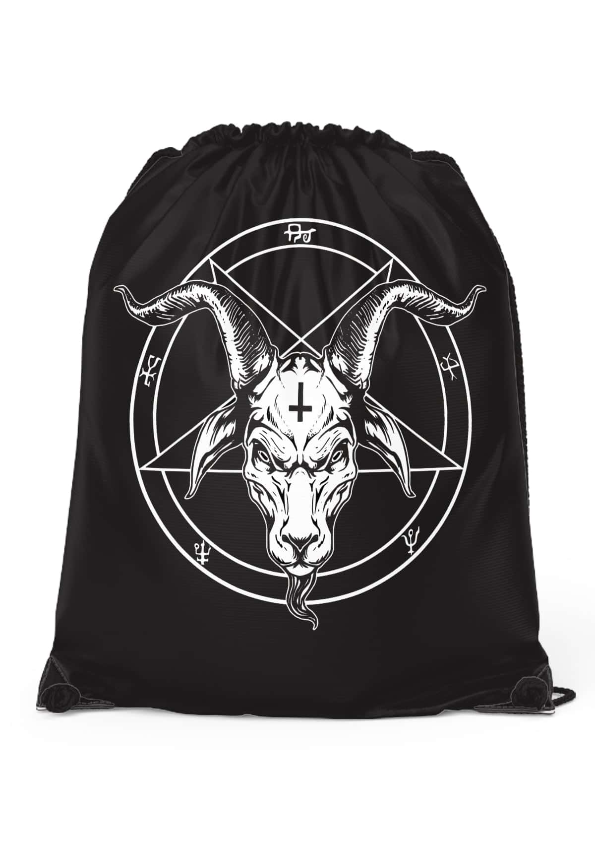 Schwarze Gym Bag Pentagram White mit Ziegenkopf-Pentagramm und externen Kordelhalterungen